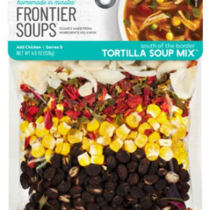Package of Anderson House Frontier Soups Tortilla Soup Mix, showing colorful layered ingredients and a soup image on the top right.