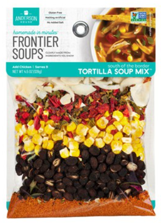Package of Anderson House Frontier Soups Tortilla Soup Mix, showing colorful layered ingredients and a soup image on the top right.