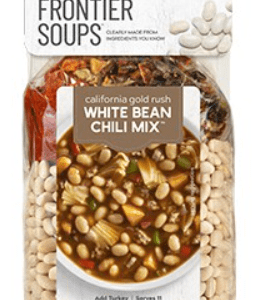 Package of Anderson House Frontier Soups California Gold Rush White Bean Chili Mix. Contains white beans and seasoning mix. Gluten-free, non-GMO, serves 11, net weight 18 oz.
