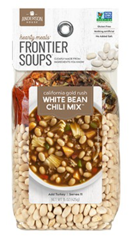 Package of Anderson House Frontier Soups California Gold Rush White Bean Chili Mix. Contains white beans and seasoning mix. Gluten-free, non-GMO, serves 11, net weight 18 oz.