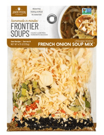 Frontier Soups Chicago Bistro French Onion Soup Mix in a clear package, showcasing layers of dried onions, vegetables, and seasoning.