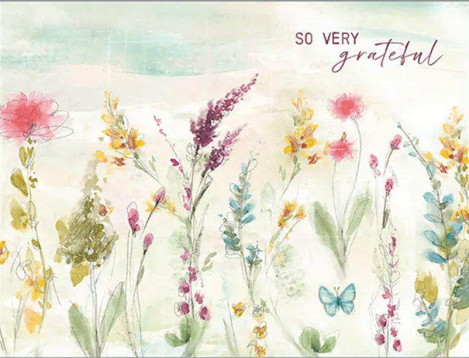 A watercolor illustration of various wildflowers and butterflies, with the words "So Very Grateful" in the upper right corner.