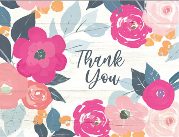 Floral thank you card with pink and peach flowers, blue leaves, and the text "Thank You" in the center.