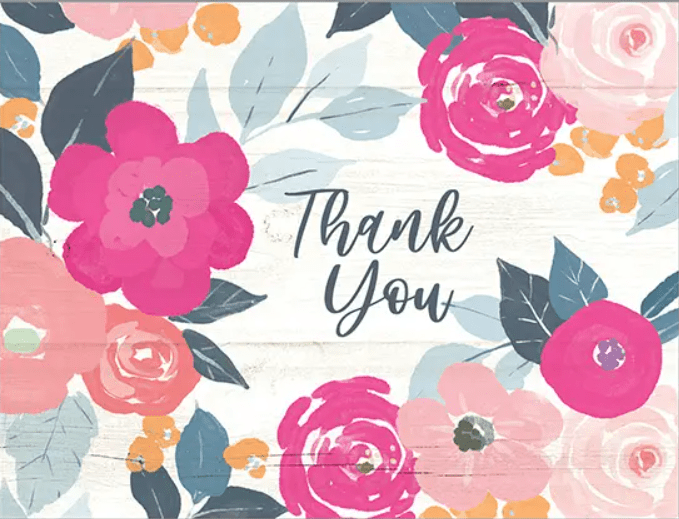 Floral thank you card with pink and peach flowers, blue leaves, and the text "Thank You" in the center.