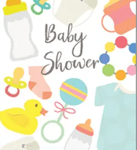 Illustrated baby shower items, including bottles, pacifiers, onesie, socks, rubber duck, sippy cup, and teething ring, arranged around the words "Baby Shower.