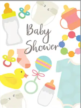 Illustrated baby shower items, including bottles, pacifiers, onesie, socks, rubber duck, sippy cup, and teething ring, arranged around the words "Baby Shower.
