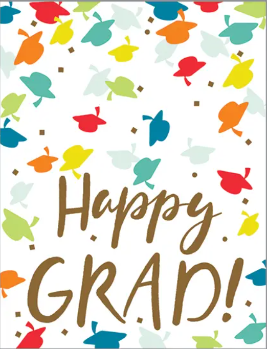 Colorful graduation caps and confetti surround the phrase "Happy Grad!" in bold lettering.