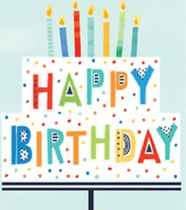 Illustration of a two-tiered birthday cake with colorful candles on top and the words "Happy Birthday" written on the sides in multicolored letters.
