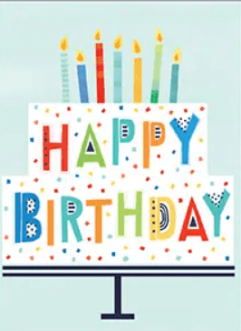 Illustration of a two-tiered birthday cake with colorful candles on top and the words "Happy Birthday" written on the sides in multicolored letters.