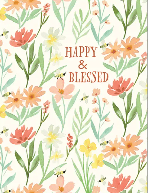 Floral pattern with pink, yellow, and orange flowers, green leaves, and small bees. The text in the center reads, "HAPPY & BLESSED.