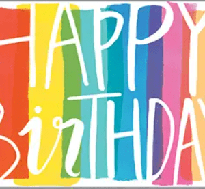 Colorful "Happy Birthday" text on a rainbow-striped background.