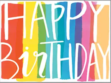 Colorful "Happy Birthday" text on a rainbow-striped background.