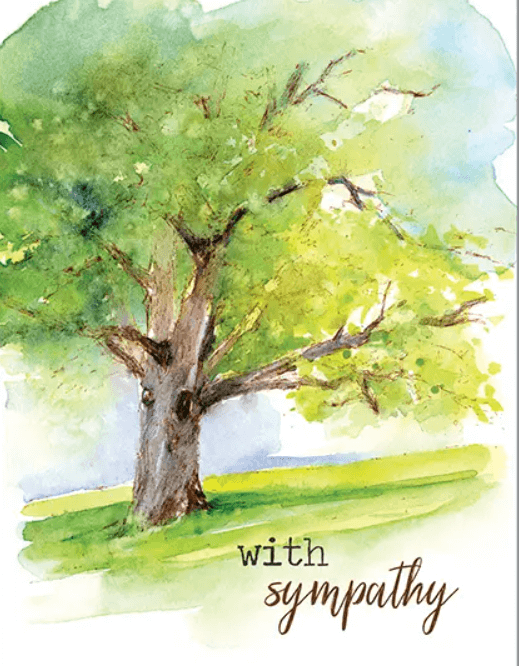 Watercolor painting of a large tree with green foliage. The words "with sympathy" are written in cursive at the bottom.