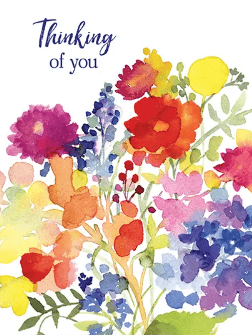 Colorful watercolor flowers with "Thinking of you" text at the top.