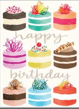 Illustration of nine colorful, decorated cake slices arranged in a grid with the words "happy birthday" written across them.