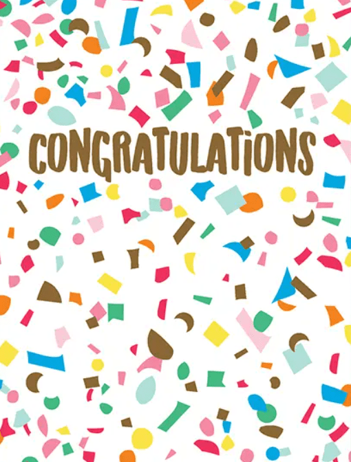 Colorful confetti surrounds the word "Congratulations" in bold, gold letters on a white background.