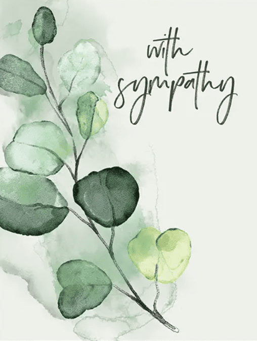 A watercolor illustration of green leaves with the text "with sympathy" written in cursive on a light background.