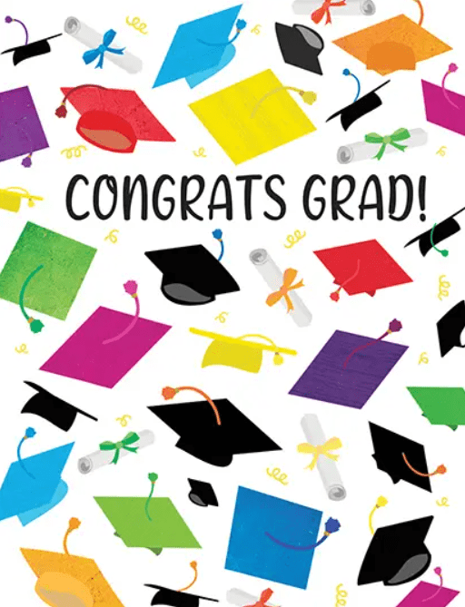 Colorful graduation caps and diplomas scattered around "Congrats Grad!" text on a white background.