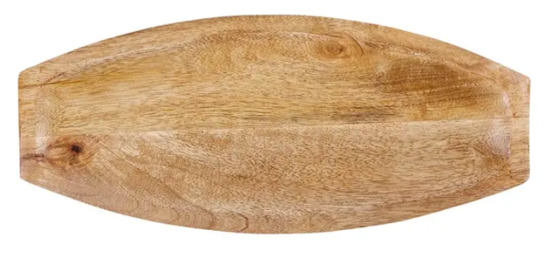 Oval wooden cutting board with a smooth, natural grain texture.
