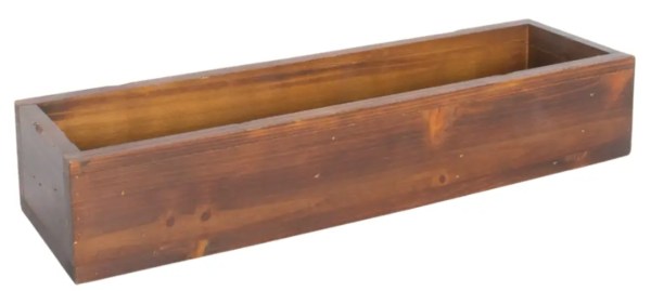 Rectangular wooden planter box with a natural finish.