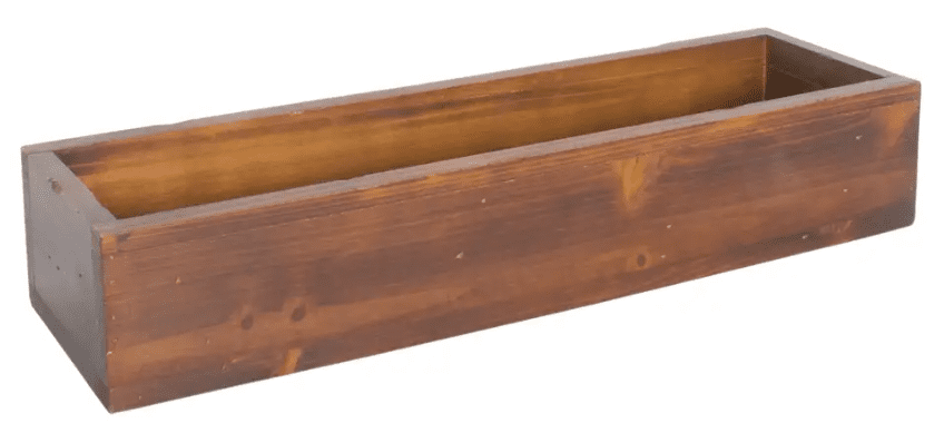 Rectangular wooden planter box with a natural finish.