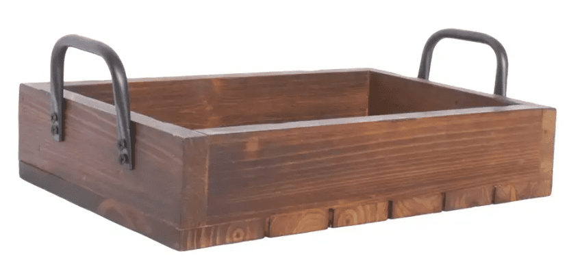 A wooden rectangular tray with two black metal handles on the sides.
