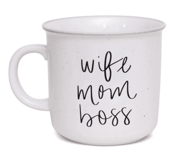 White ceramic mug with the words "wife mom boss" written in black cursive font.