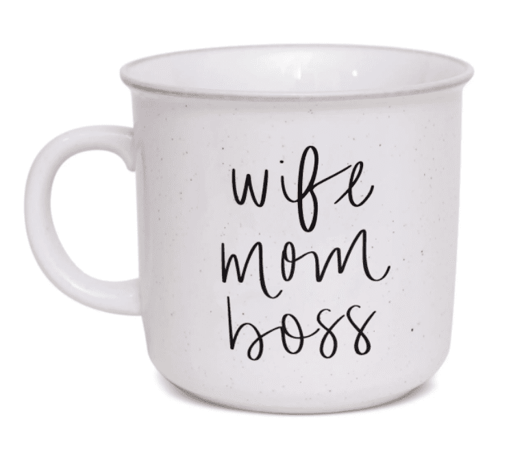 White ceramic mug with the words "wife mom boss" written in black cursive font.