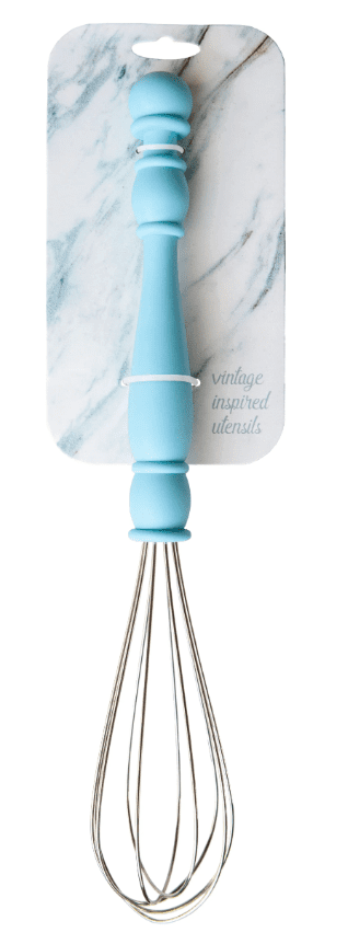 A blue-handled whisk with a metal wire head, attached to a marble-patterned cardboard backing labeled "vintage inspired utensils.