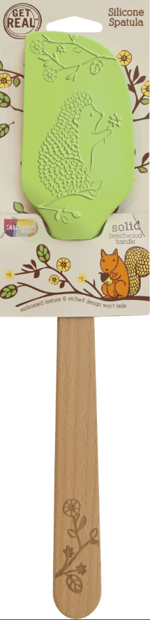 Green silicone spatula with a hedgehog design, attached to a wooden handle featuring floral engravings. Packaging includes a squirrel illustration.