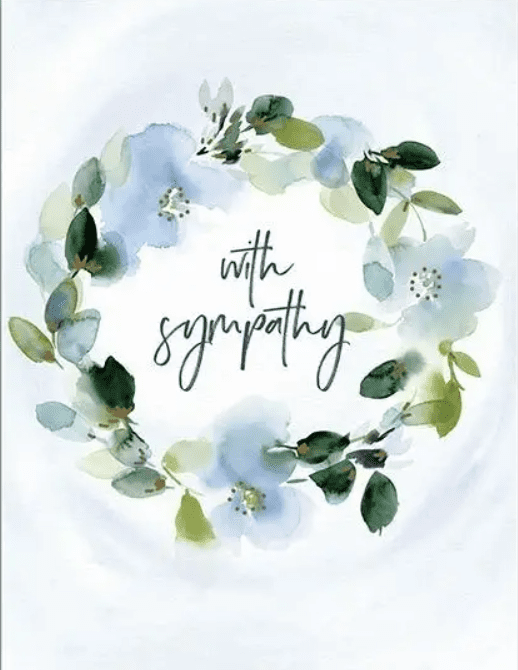 A floral wreath with blue and green watercolor flowers encircles the words "With Sympathy" in cursive text.