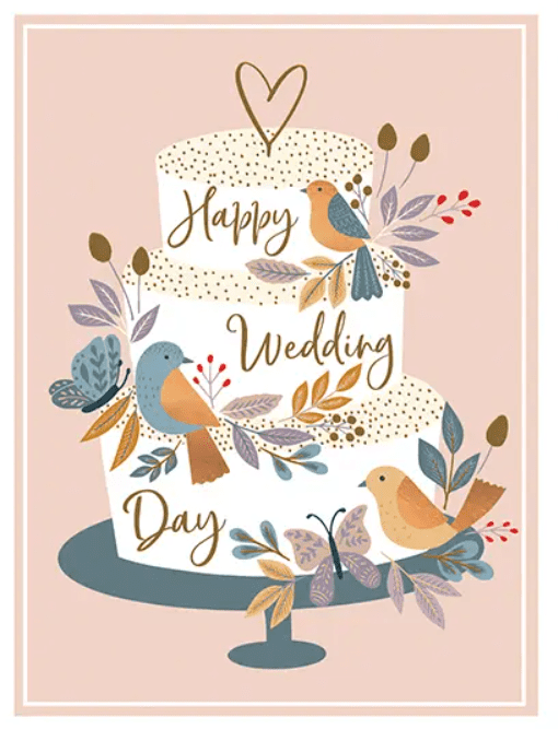 Illustration of a two-tier wedding cake with "Happy Wedding Day" written on it, adorned with birds, leaves, and a butterfly against a light pink background.