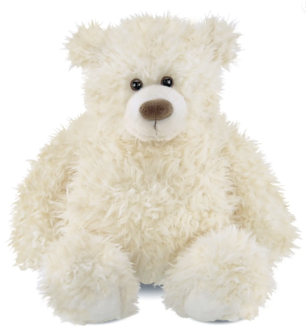 A fluffy white teddy bear with dark eyes and nose, sitting against a plain background.