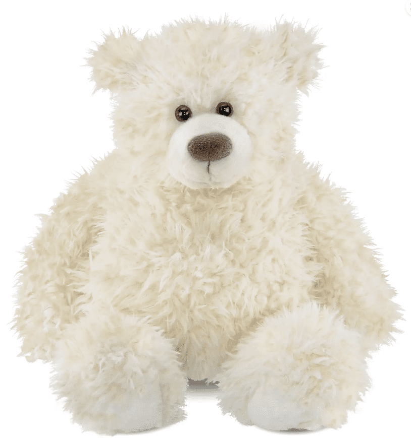 A fluffy white teddy bear with dark eyes and nose, sitting against a plain background.