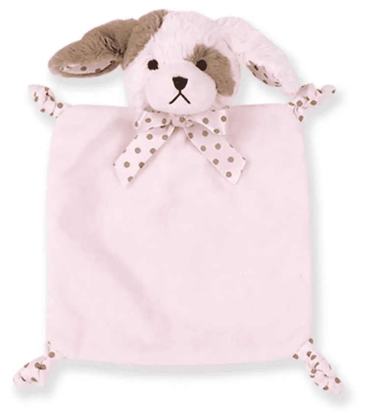 Plush toy dog head attached to a soft pink blanket with a polka dot ribbon and knots at each corner.