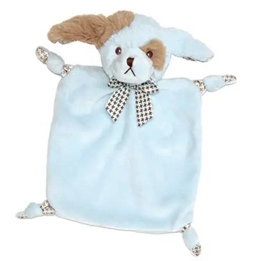A blue and brown plush dog toy with floppy ears and a checkered bowtie.