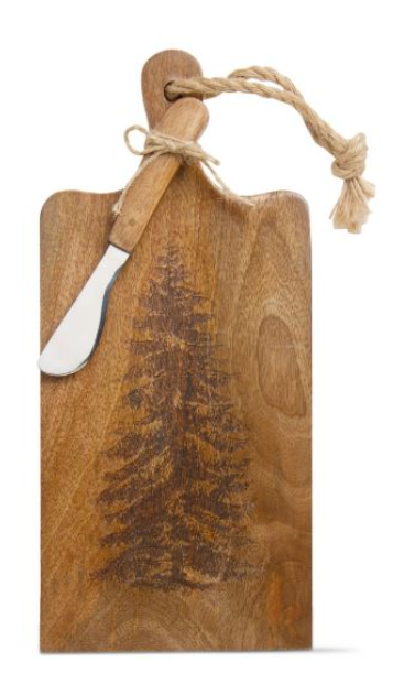 Wooden cheese board with a tree engraving, featuring a rope handle and accompanied by a small metal cheese spreader with a wooden handle.