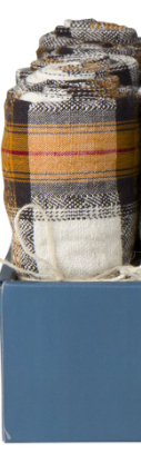 A blue box containing rolled, multicolored plaid fabric.