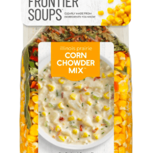 Package of Anderson House Illinois Prairie Corn Chowder Mix, featuring an image of a prepared bowl of chowder, surrounded by visible dried vegetables and rice within a clear bag.