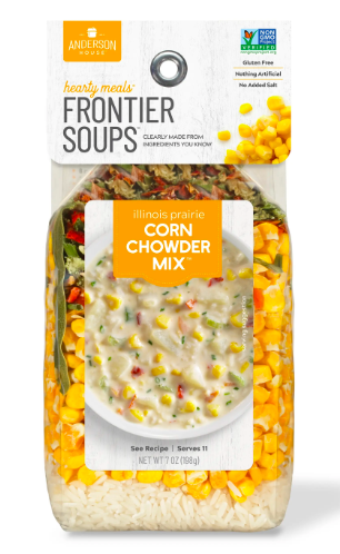 Package of Anderson House Illinois Prairie Corn Chowder Mix, featuring an image of a prepared bowl of chowder, surrounded by visible dried vegetables and rice within a clear bag.