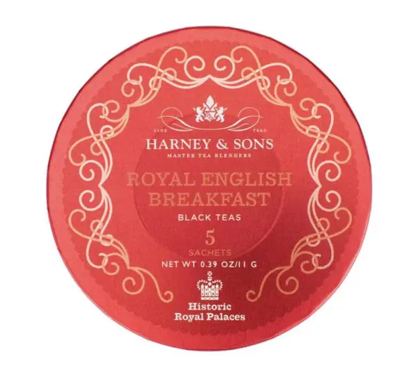 Round red tin of Harney & Sons Royal English Breakfast Black Teas, containing 5 sachets, 0.39 oz net weight.