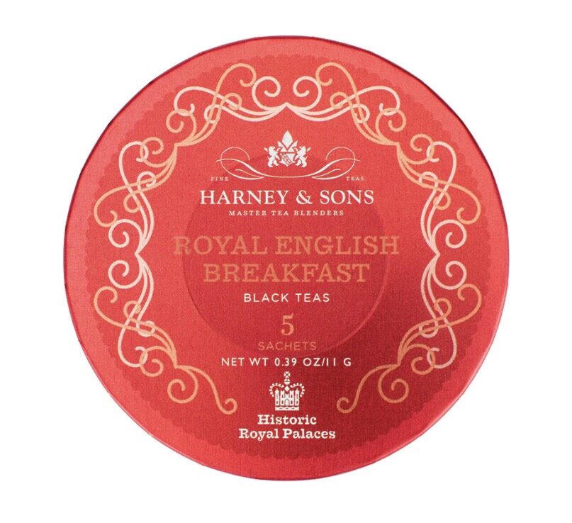 Round red tin of Harney & Sons Royal English Breakfast Black Teas, containing 5 sachets, 0.39 oz net weight.