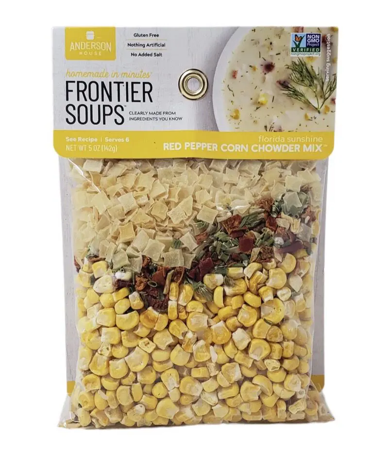 Package of Anderson House Frontier Soups, Red Pepper Corn Chowder Mix, showing dried ingredients and soup image on top. Includes 5 oz of mix with non-GMO and gluten-free labels.