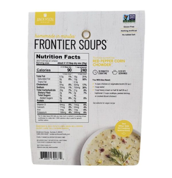 Frontier Soups Florida Sunshine Red Pepper Corn Soup Mix - 5oz packaging includes nutrition facts and preparation instructions, with gluten-free and no added salt labels clearly visible.