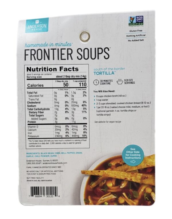 Back of a Frontier Soups Tortilla Soup Mix - 4.5oz package featuring nutrition facts, cooking instructions, and an ingredient list. The packaging highlights "South of the Border Tortilla" flavor.