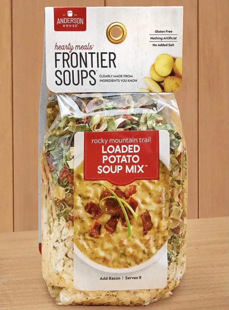A package of Anderson House Frontier Soups, Rocky Mountain Trail Loaded Potato Soup Mix, with visible dried ingredients.