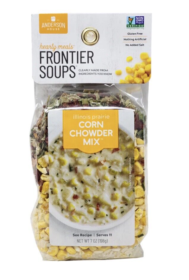Frontier Soups Illinois Prairie Corn Chowder Mix package with a photo of the prepared soup on the front. Key features include gluten-free, non-GMO, and no artificial additives. Serves 11.