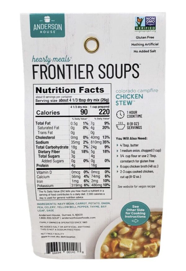 Back of a Frontier Soups Chicken Stew Soup Mix - 7oz package with nutrition facts and cooking instructions.