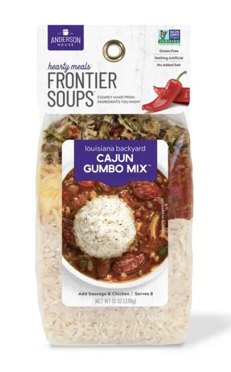 Package of Anderson House Frontier Soups featuring Cajun Gumbo Mix, with rice and seasoning, labeled gluten-free and no artificial ingredients.