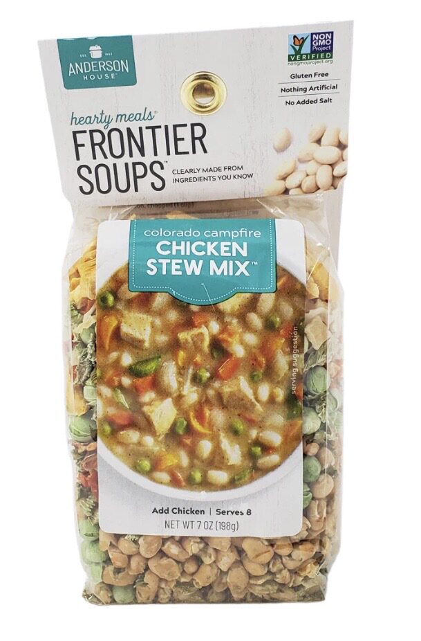 Package of Frontier Soups Colorado Campfire Chicken Stew Mix, 7 oz, showing ingredients and stew image on the label. Gluten-free and non-GMO certified.